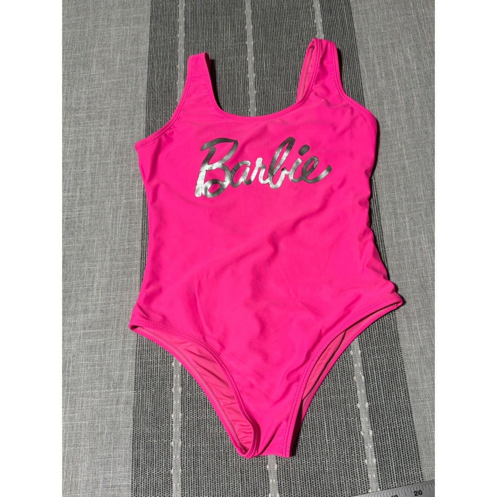 Barbie Girls One Piece Swimsuit Fuchsia Pink Silver Logo Bow Back Size 10/12